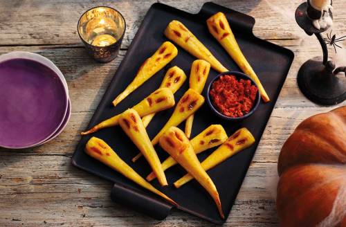 Parsnip ghosts with red pepper dip