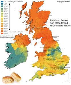 languageoclock: maptitude1: The Great Scone Divide: how do residents of the UK and Ireland pronounce the word “scone”?  in australia it doesnt rhyme with either 😂   Wtf that&rsquo;s not a scone that&rsquo;s a biscuit in America lol