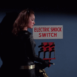 redals:  batlabels:  ELECTRIC SHOCK SWITCH  Can we talk about how she literally looks like one of those cats slowly pushing a cup to the edge of a table? 