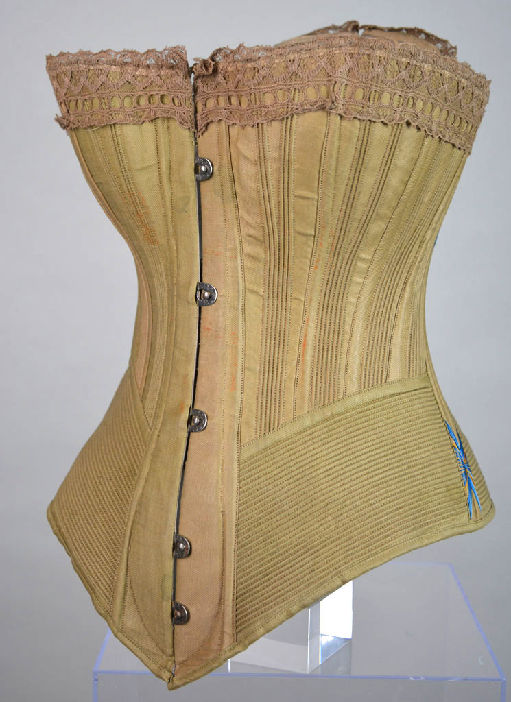 symingtoncorsets:  c1890. Busk front corset made from cotton twill lined in fawn