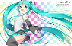 VOCALOID、初音ミク、inumine aya、2015、ノパン、スカート、タトゥー、ネクタイ、ロングヘア、ツインテール、ヘッドセット、サイハイソックス、カウボーイショット、ハッピーバースデー、チェックバックグラウンド、一人、分離袖、キャラ名、アーティスト名前、女一人、日付あり、格子縞、横顔、縛られた髪、超ロングヘア、開口、青緑色の目、青緑色の髪