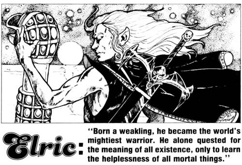 Elric (Vicky Wyman, Heroes magazine V1 N2, 1984, art originally from the rulebook for Avalon Hill’s 