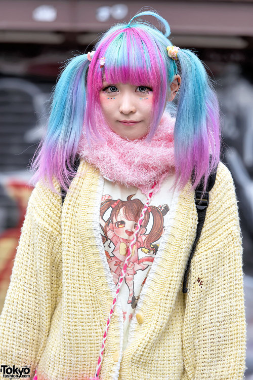 tokyo-fashion:  19-year-old Colomo on the street in Harajuku with anime-inspired ahoge hair, pink-blue twintails, a resale sweater, tulle skirt, striped socks, and Japanese school uniform loafers. Full Look