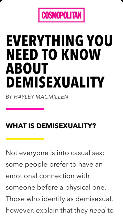 stardustscrivener:cosmopolitan did an (actually well written) article on demisexuality and it was FEATURED on snapchat! 💜🖤💜 my little ace heart is just bursting at the seams over this