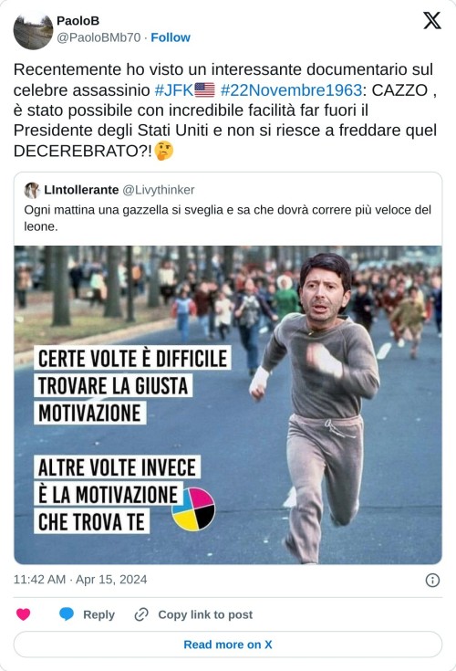 Recentemente ho visto un interessante documentario sul celebre assassinio #JFK🇺🇸 #22Novembre1963: CAZZO , è stato possibile con incredibile facilità far fuori il Presidente degli Stati Uniti e non si riesce a freddare quel DECEREBRATO?!🤔 https://t.co/vyBnR3UQsW  — PaoloB (@PaoloBMb70) April 15, 2024