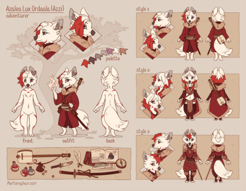 morteraphan:   Big reference commission for Azzi. Now is complemented by designs of costumes and hairstyles. It was a pleasure to work with this character again. —All characters belong to their owners!  