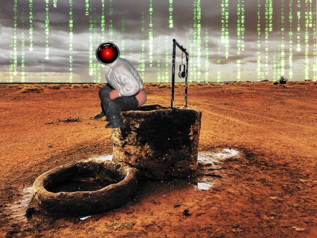 A lonely mud-brick well in a brown desert. It has been modified to add a 'caganar' - a traditional Spanish figure of a man crouching down and defecating - perched on the edge of the well. The caganar's head has been replaced with the menacing red eye of HAL9000 from Kubrick's '2001: A Space Odyssey.' The sky behind this scene has been blended with a 'code waterfall' effect as seen in the credit sequences of the Wachowskis' 'Matrix' movies.  Image: Cryteria (modified) https://commons.wikimedia.org/wiki/File:HAL9000.svg  CC BY 3.0 https://creativecommons.org/licenses/by/3.0/deed.en  --  Catherine Poh Huay Tan (modified) https://www.flickr.com/photos/68166820@N08/49729911222/  Laia Balagueró (modified) https://www.flickr.com/photos/lbalaguero/6551235503/  CC BY 2.0 https://creativecommons.org/licenses/by/2.0/ 