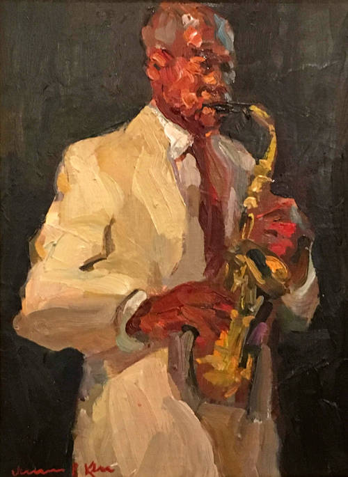 Sax Man  -    Jampes P. Kerr, American, b.1953-oil , 16 x 12 in.