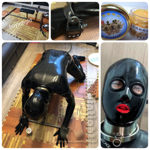 boyintight-blog:Full rubber, gimp mask, whole body ginger cream, timer lock, stockade .. of course w