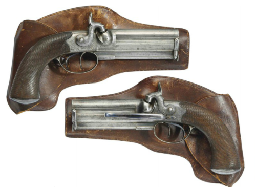 A pair of Scottish over and under double barrel percussion pistols. Signed T. E. Mortimer of Edinbur