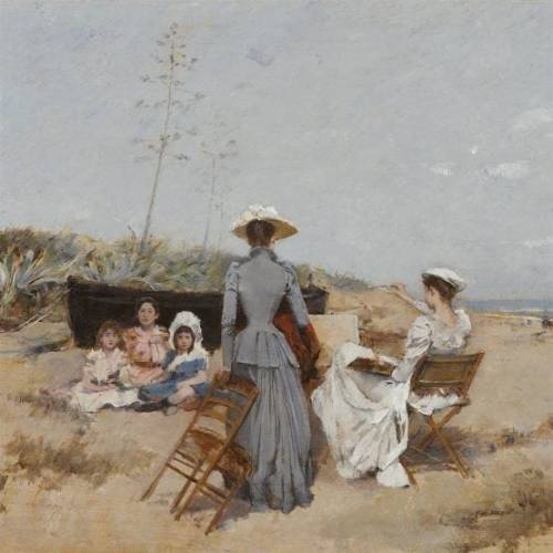 Francisco Miralles y Gallup. Painting on the beach. Oil on panel. 19th century. Private collection.