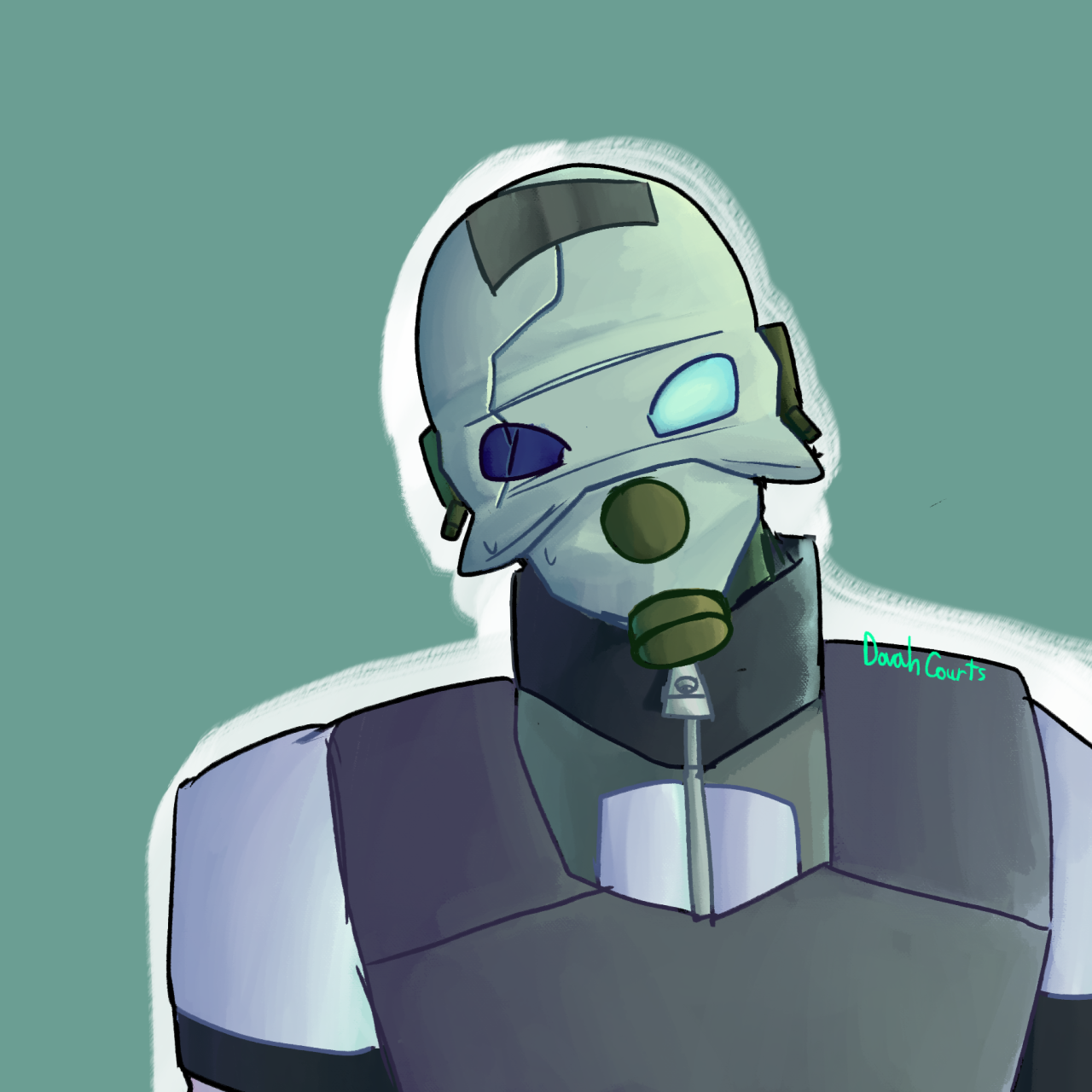 a painting of Bec from Entropy Zero Uprising on a dark teal blue background, he is facing the viewer with his head tilted to the left(or his right), there is a thick white outline behind him. The right side of his gas mask has broken lenses with cracks on them with the cracks leading up to the top of his helmet which has duct tape, the left lense still has its Night Vision intact;