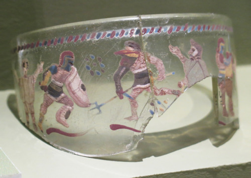 thesilicontribesman: Decorated Roman Glass with images of Gladiators, Vindolanda Roman Fort, near Ha