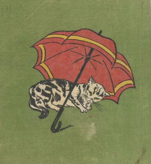 nemfrog:A cat with a sour expression takes shelter under an umbrella. Grand'mère Lapin au marché. n.