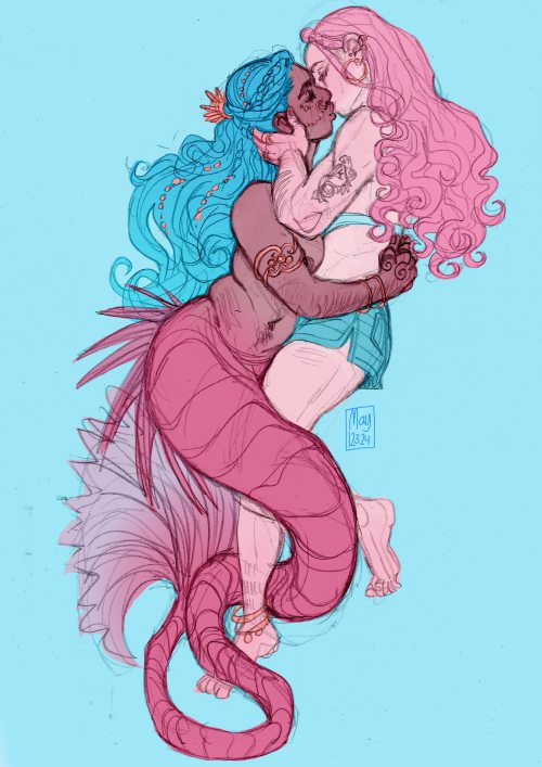 may12324:A mermaid and her girlfriend! Inspired by lionfish and the transgender flag, they’re both t