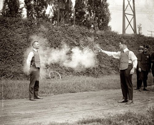 historynet:  Early bullet-proof vest demonstrated by W.H. Murphy of the Protective Garment Corp. of New York, 1923 [1200x978]