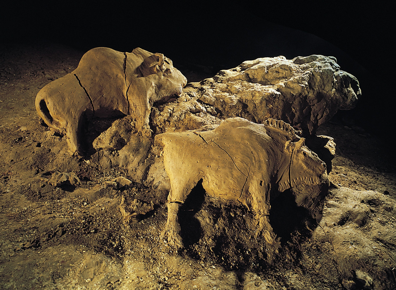 Two clay bisons of Le Tuc d'Audoubert cave, Ariege, France. 14 000 years old.