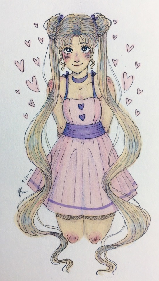 a drawing of usagi tsukino smiling with a pink dress and hearts around her