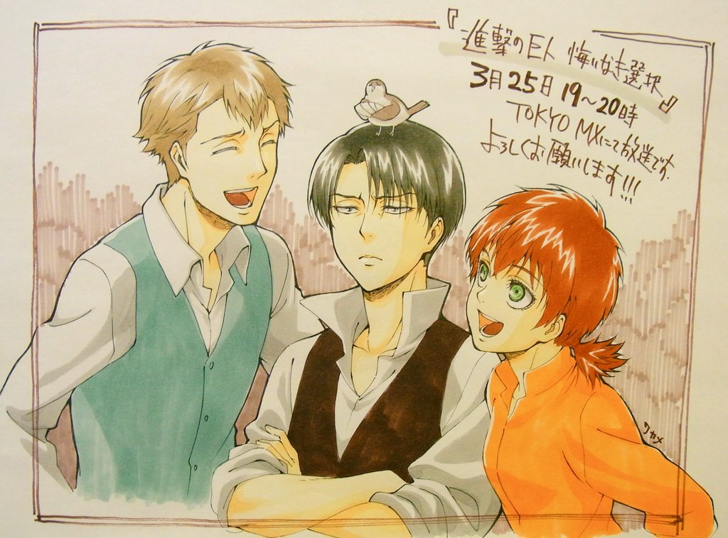 New sketch of Farlan, Levi, and Isabel by Yamada Ayumi, chief animation director