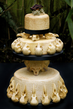 natural-magics:  gothiccharmschool:  Look. At this. CAKE. Bird skulls molded from chocolate!  wickedaffair:  trixietreats:  “Food artist Annabel de Vetten, also known as Conjurer’s Kitchen, created this incredible skull wedding cake for the Eclectic