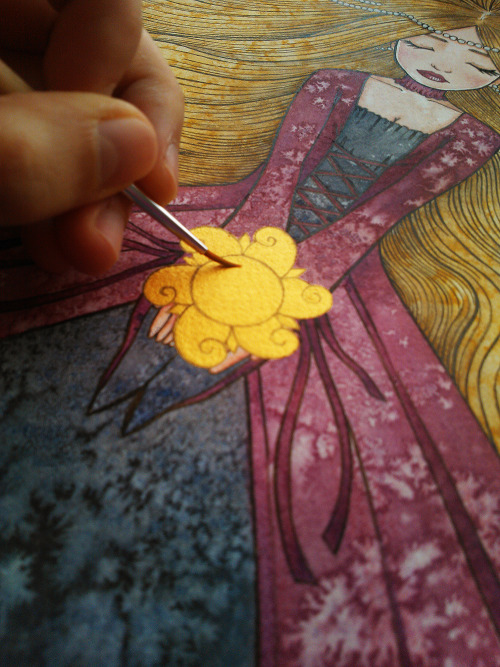 &ldquo;Princessence&rdquo;Sepia ink, watercolors, pastels, gold acrylic and salt on 25% cott