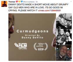 tanukiham:  jezi-belle:  eshusplayground:  diversemovies:  It’s literally called “Curmudgeons” [x]  “It took me two hours to put this shit on!” “Thanks for the fuckin’ flowers, you asshole.” Life goals.  I put off watching this so many
