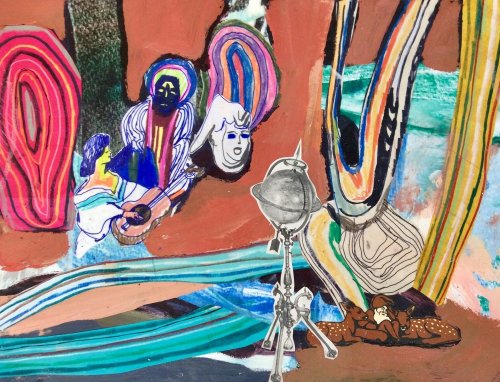 Elizabeth HueyChild&rsquo;s Premonition, 2017Acrylic, China Marker, Collage, Colored Pencil, Gra