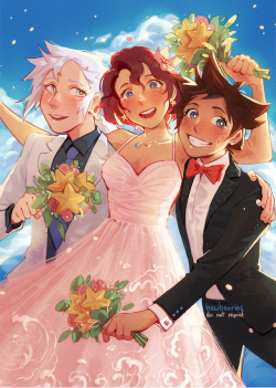 hawberries:  it’s a vow we make to each other; let’s wear rings of the same colour [image is a digital painting of riku, kairi, and sora getting married, all clutching starry bouquets and with matching expressions of joy and delight. kairi is jumping