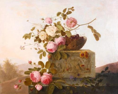 inividia:A still life of roses and a basket of cherries atop a stone ledge with landscape, Emmanuel 