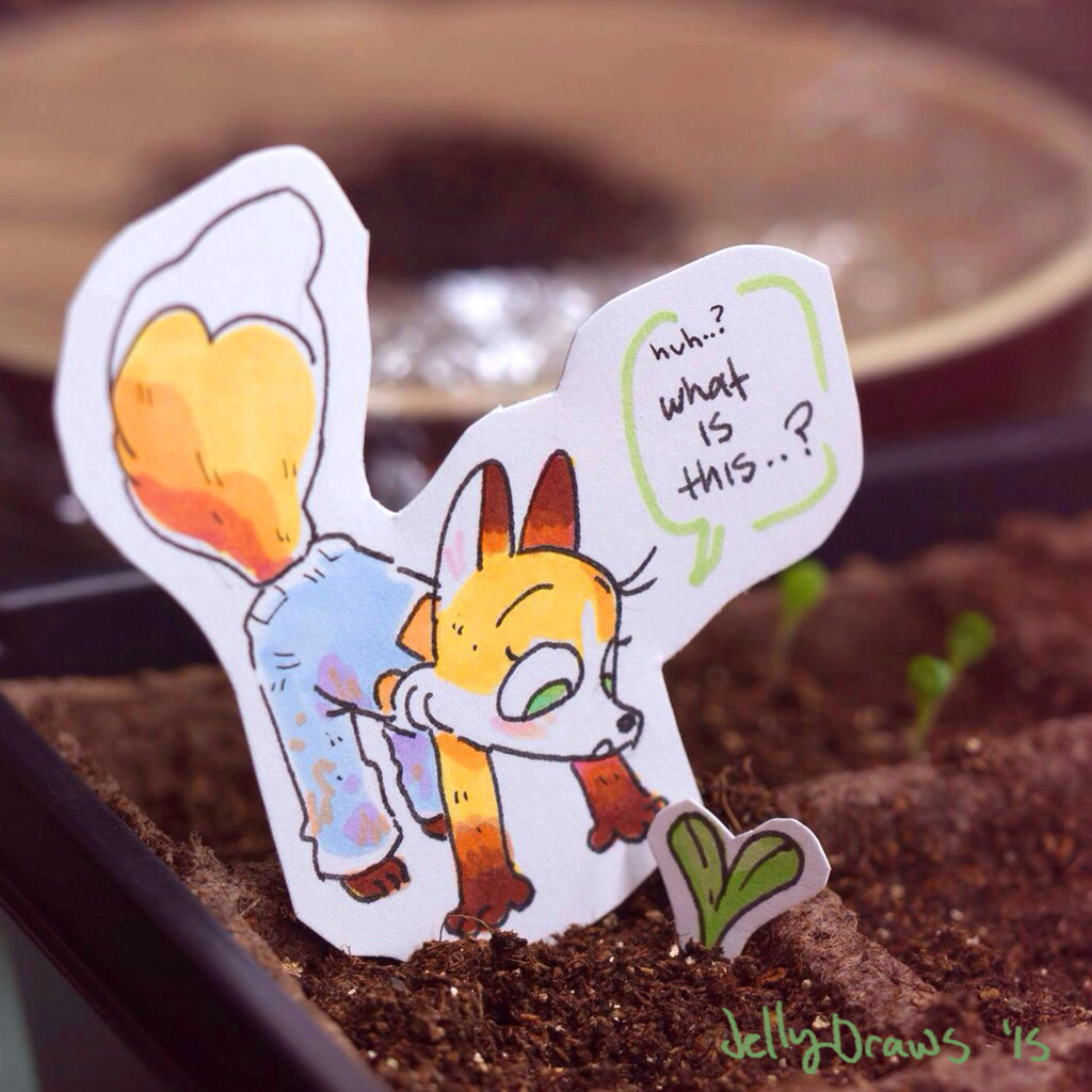 jellydraws:  I started some seeds, and this little fox has been hanging around them.
