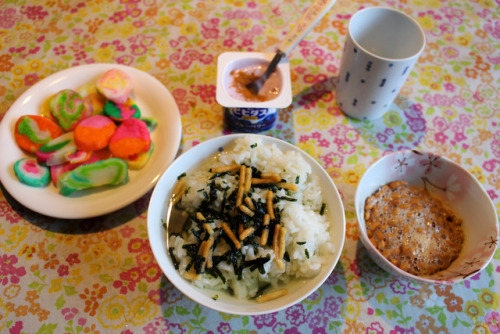 ある日の朝食。と言っても、お茶漬けに納豆、ヨーグルト、これにお味噌汁がついたり、季節によるが、バナナやパイナップル、リンゴ、ミカンや梨、イチゴ、ブルーベリー等の果物がついたりする位で、毎日この程度のも