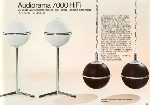 design-is-fine:  Grundig Audiorama speakers, floor or air model, 1970. Germany. The Audiorama was a spherical omnidirectional speaker system, an iconic image of High-End speakers from that era. The surround sound gets praise til today. Source ad 2