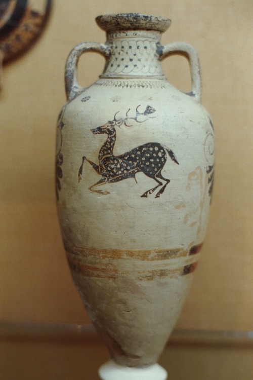 lionofchaeronea:Attic white-ground lekythos depicting a fallow deer.  Artist unknown; ca. 540-525 BC