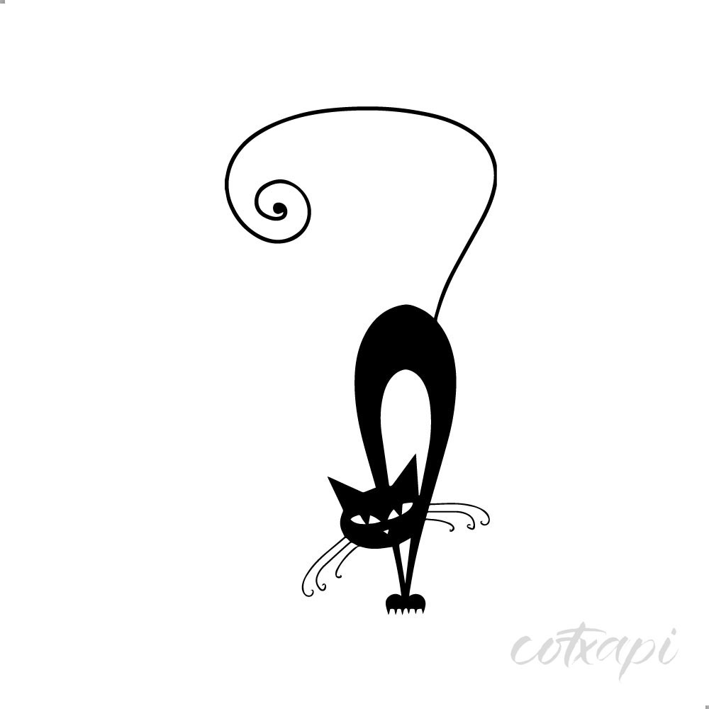 Cute Cat Shadow Icon Animal Vector Art Illustration, Black and White Outline Design
