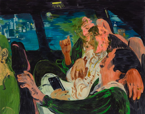 Loveletter2You:  Salman Toor, Three Friends In A Cab, 16 X 20 Inches, 2021