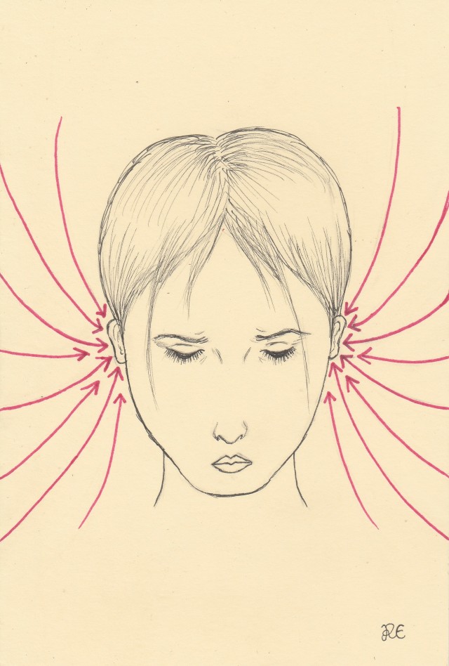 Simple black ink outline drawing of a woman with her eyes closed and her head tilted downwards on a pale cream background. Eight long curling red arrows are drawn from the outer edges of the image and point in towards her ears on each side. On the bottom right hand corner is the artist initials "R.E." in black.