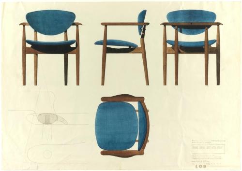 Finn Juhl, Chair design, DenmarkWatercolor, pencil, ink