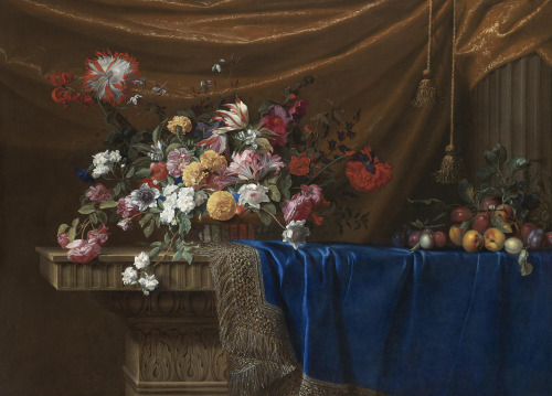 necspenecmetu:Jean-Michel Picart, Still Life of a Basket of Flowers and a Mound of Fruit on a Sculpt