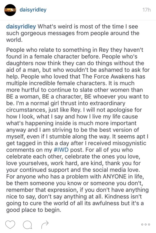 gifstarwars:  Daisy Ridley (@daisyridley) responding to body shaming and Internet trolls on Instagram. 