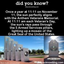 did-you-kno: did-you-kno:  Once a year at 11:11 on November 11, the sun perfectly aligns with the Anthem Veterans Memorial. At 11:11 am each Veteran’s Day, the sun’s rays pass through the 5 Armed Services pillars, lighting up a mosaic of the Great