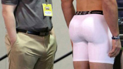 manly-muscular-machos:  BIG BULGE meets BUBBLE BUTT:  Enquiring minds want to know if there is there is some manly arousal going on here at the athletic weigh-in — OMG, is that a semi-erection in the making? You be the judge!