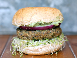 veganrecipecollection:  (via Spicy Sweet Potato Black Bean Burgers with avocado-cilantro crema sprouts | Ambitious Kitchen) 