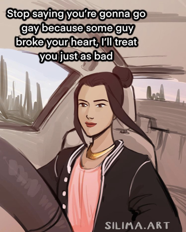 a digital drawing of azula in modern clothes driving a car, saying, stop saying you're gonna go gay because some guy broke your heart, i'll treat you just as bad