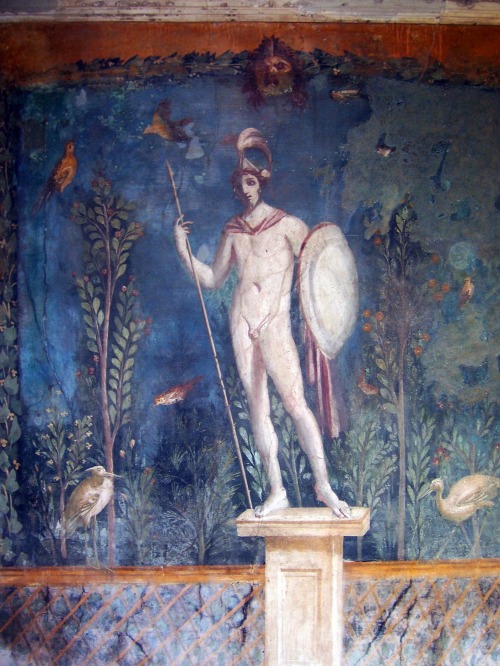 A statue of Mars (Ares), standing in a garden.  Fresco from the House of Venus in the Shell, Pompeii