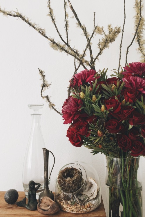 Valentine’s practice with the most lovely Leucadendron rubrum, red roses and byzantium mums. I