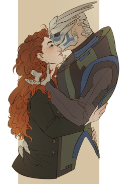 styliferous: Another commission, another Garrus hugging Shepard! This time featuring Holly Shepard with a glorious mane of hair, and a Garrus more inspired by his ME2 date outfit. How adorable are they? 