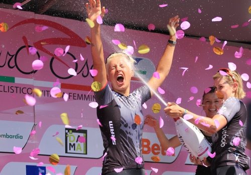 womenscycling: Barbara Guarishi celebrating winning Stage 1 of the 2015 Giro Rosa, via Giro Rosa fac