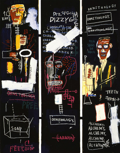 artist-basquiat: Horn Players, 1983, Jean-Michel Basquiat Medium: acrylic,crayon,canvas