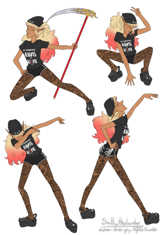 taz-ids:dupree-said-gay-rights:Extremely good Lup reaper uniform by @mcelesbian  [ID: Several drawings of Lup, and one of Taako and Kravitz. Lup is a tan elf with thick blond hair, dyed red at the ends. She’s wearing a black t-shirt that says “My