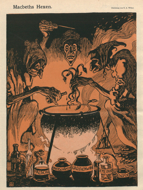 folkhorrorrevival:Karl Alexander Wilke (1879-1954), The Witches of Macbeth, Illustration for Die Mus